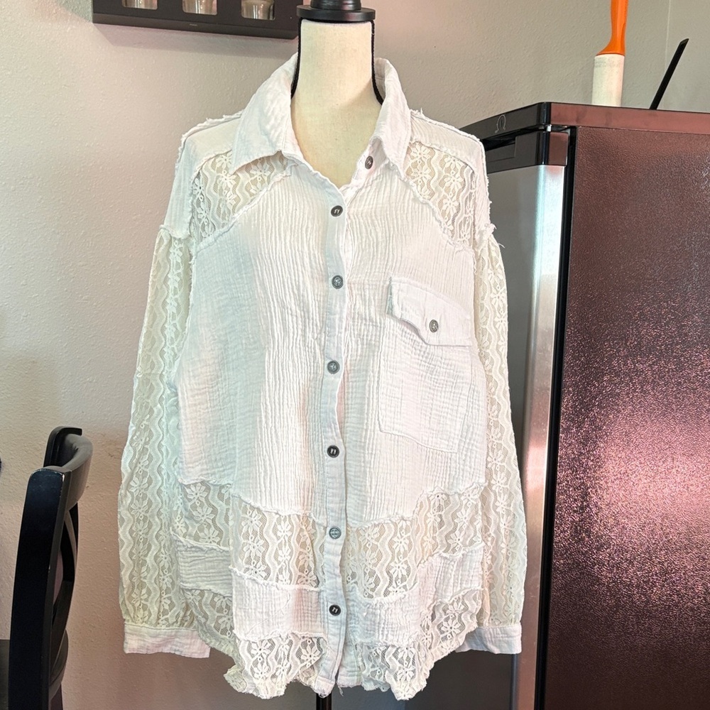 Pol Women’s Sz L Balloon Sleeve Crochet Lace Mix Top 100% Cotton